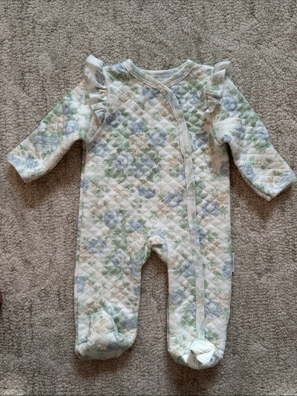 Shabby Chic Baby Quilted Floral Footie in Cream, Green & Blue